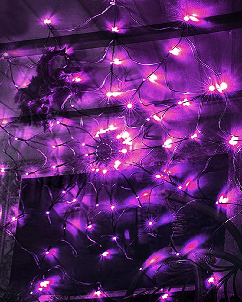 

LED Halloween Black Spider Web Light with 60 LED Waterproof Orange Net Lights and 1 Black Spider for House Yard Garden Indoor and Outdoor Scary Halloween Theme, Purple