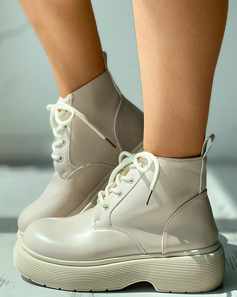 

Eyelet Lace-up Flatform Boots, Beige