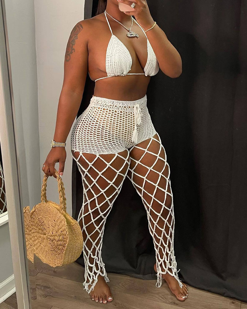 

Crochet Halter Crop Top & Fishnet Cover Up Pants Set, White