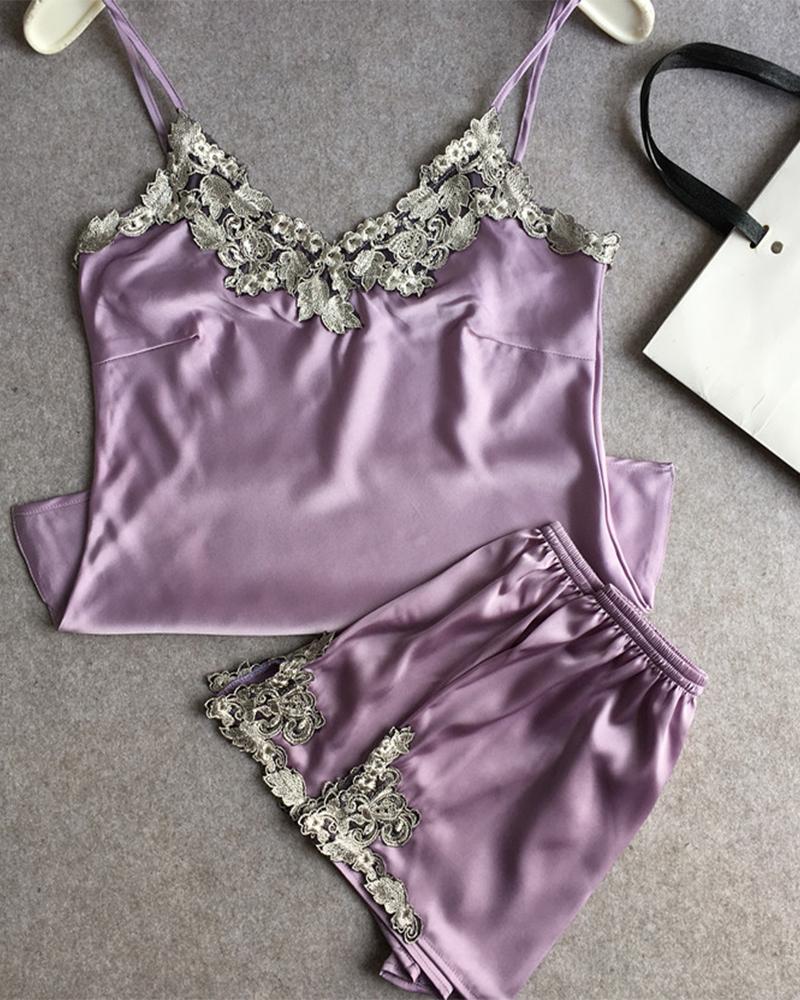 

Contrast Lace Cami Top & Shorts PJ Set, Light purple