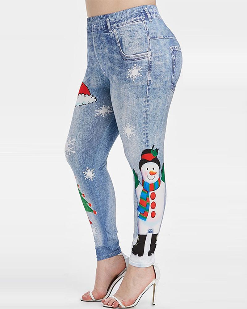 

Christmas Denim Look Print Leggings, Lighted blue