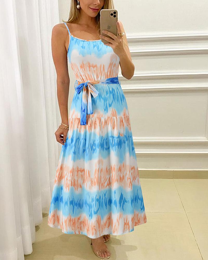 

Lace-up Tie Dye Print Sleeveless Maxi Dress, Light blue
