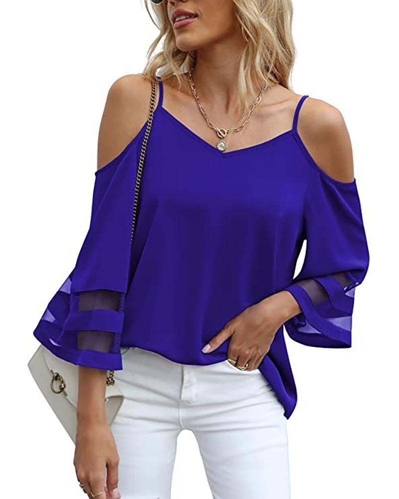 

Sheer Mesh Patch Bell Sleeve Cold Shoulder Top, Blue