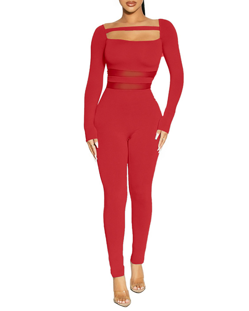 

Sheer Mesh Patch Cutout Long Sleeve Jumpsuit, Red