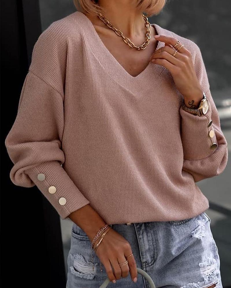 

Button Decor Long Sleeve V-Neck Top, Pink