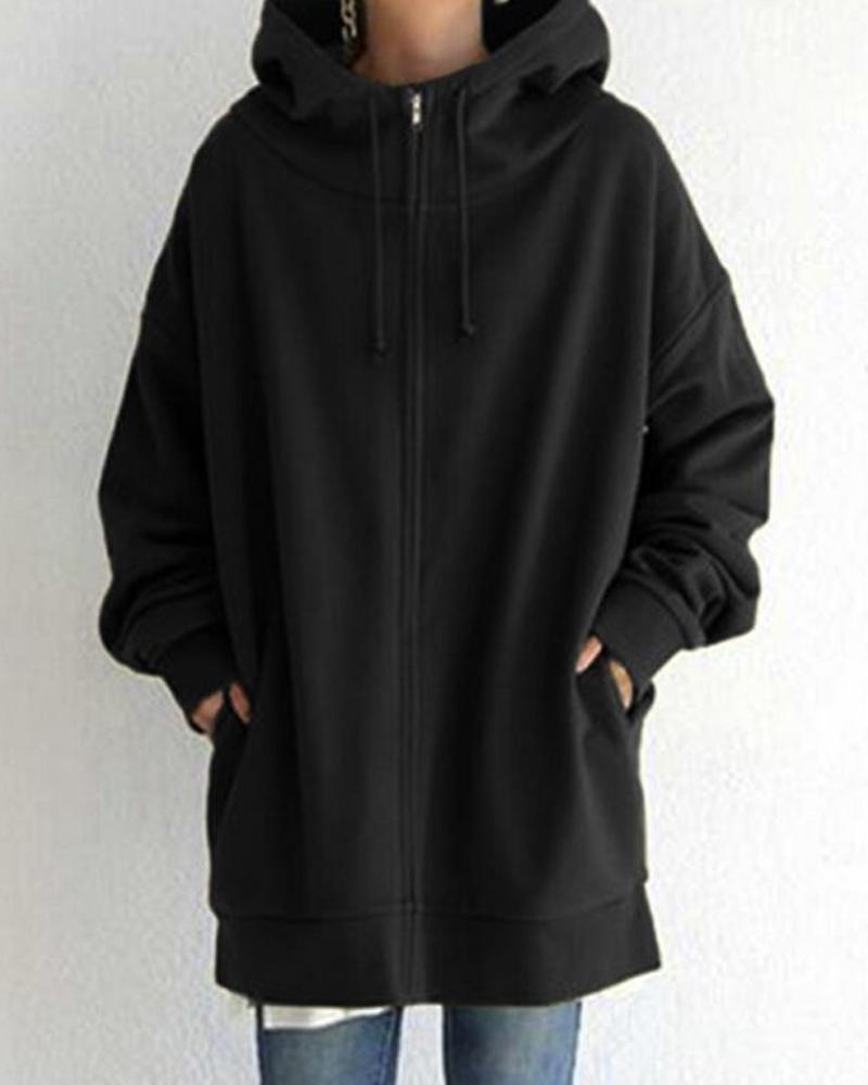 

Long Sleeve Zip Front Fleece Lined Hoodie, Black