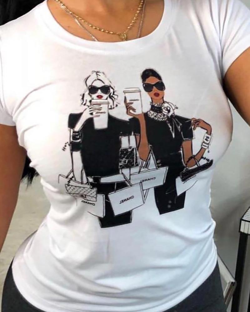 

Figure Print Short Sleeve Casual T-Shirt, White