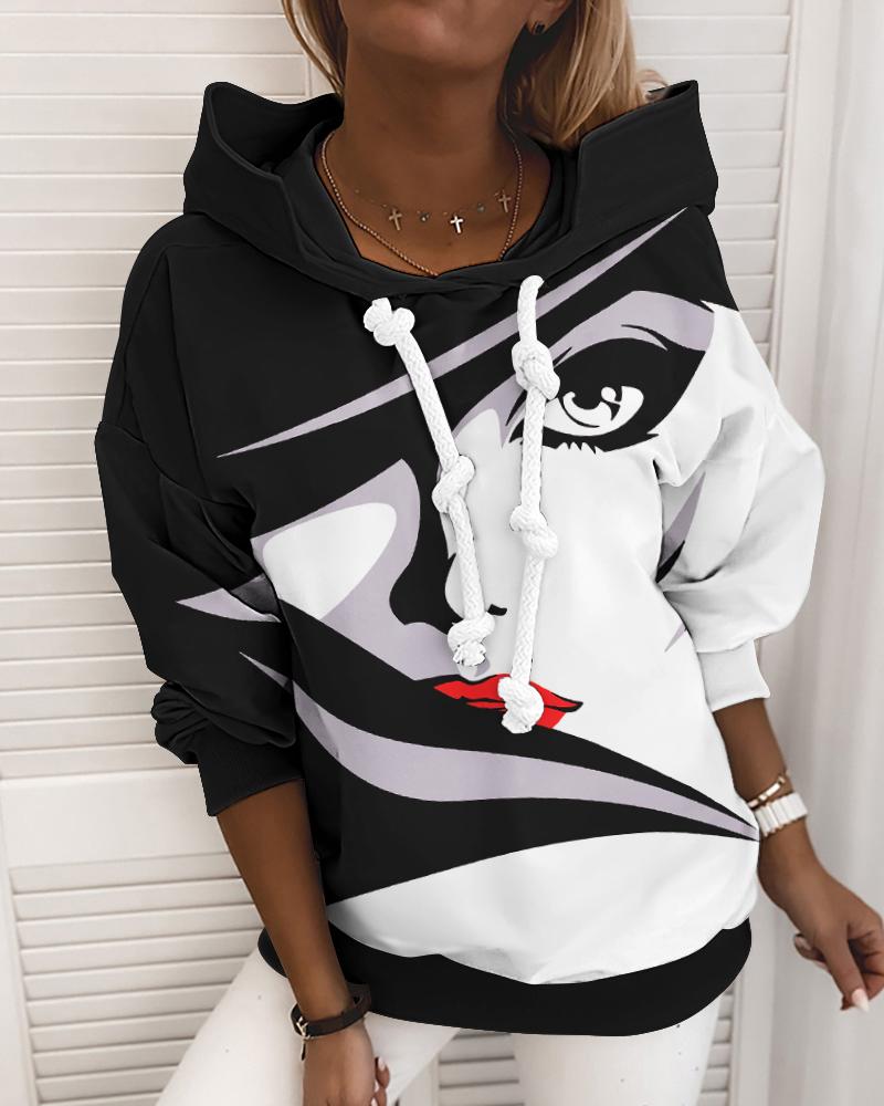 

Figure Print Long Sleeve Casual Hoodie, Blackwhite