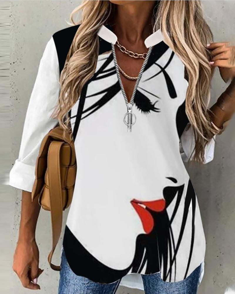 

Abstract Figure Print Zip Front Top, White