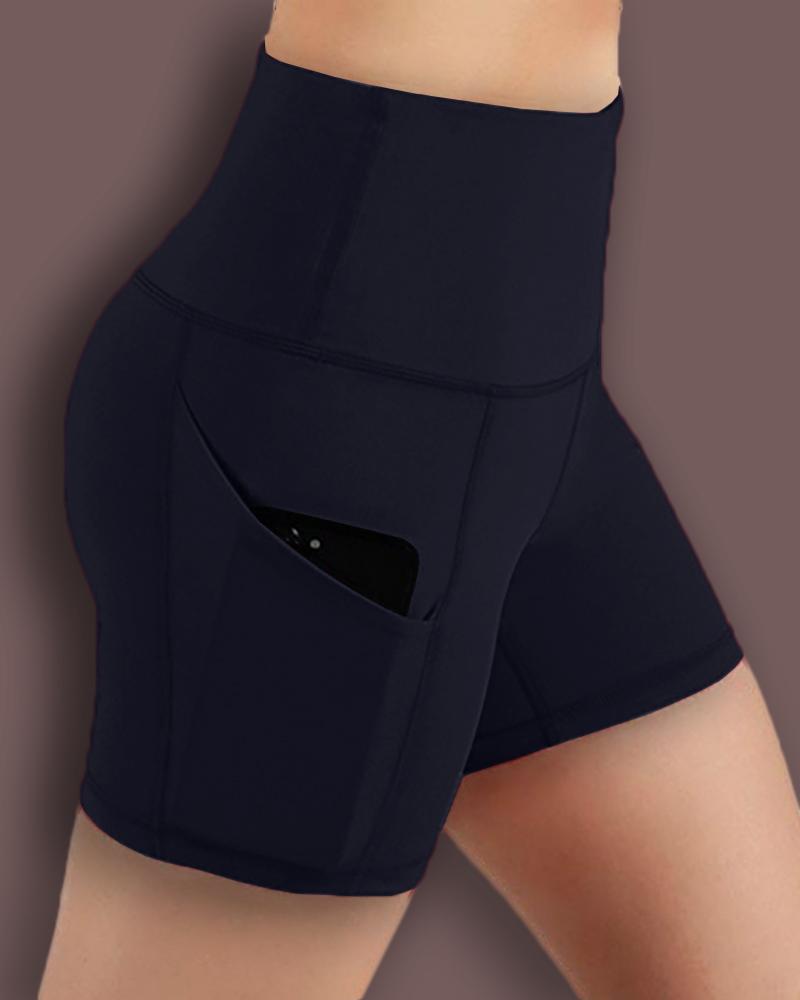 

Solid High Waist Pockets Yoga Shorts, Dark blue