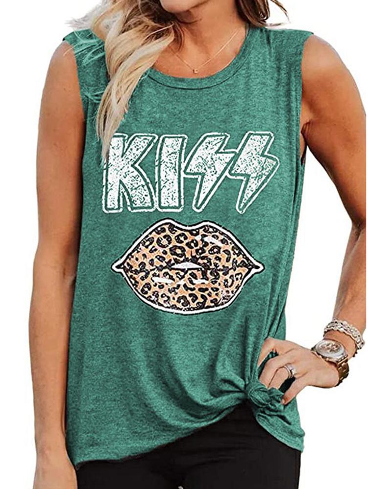 

Women' Casual Tee Letter Kiss Leopard Lip Print Sleeveless Tank Top, Green