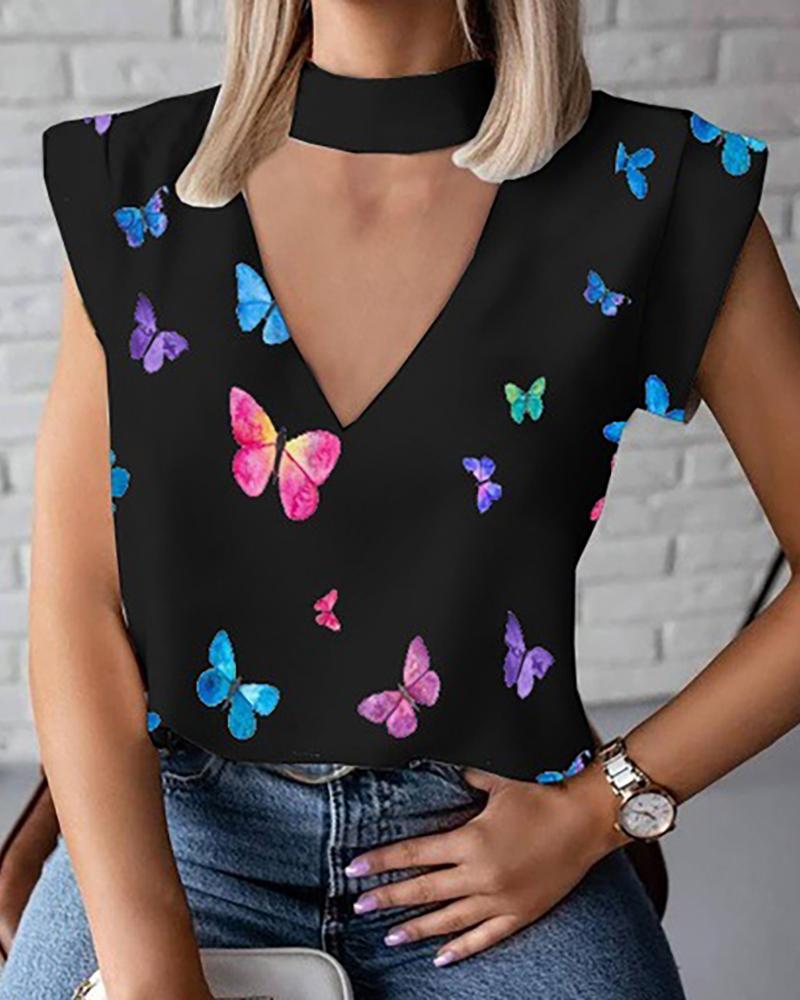 

Halter Cutout Front Butterfly Print Top, Black