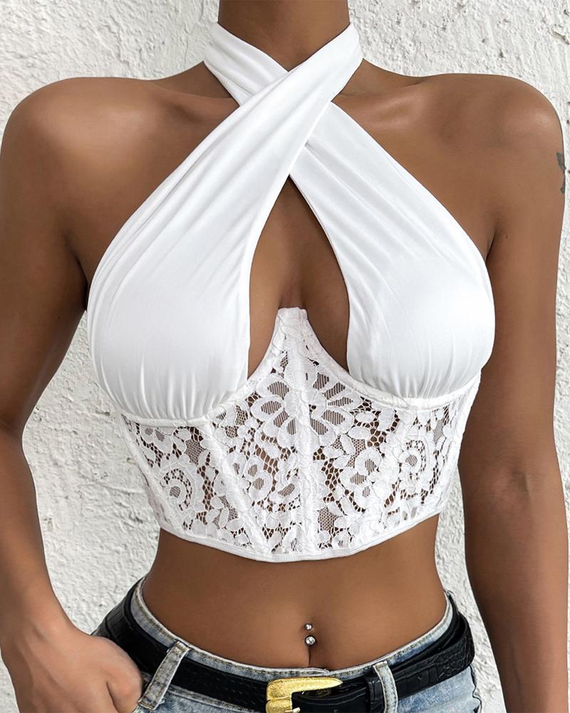 

Contrast Lace Criss Cross Halter Crop Top, White