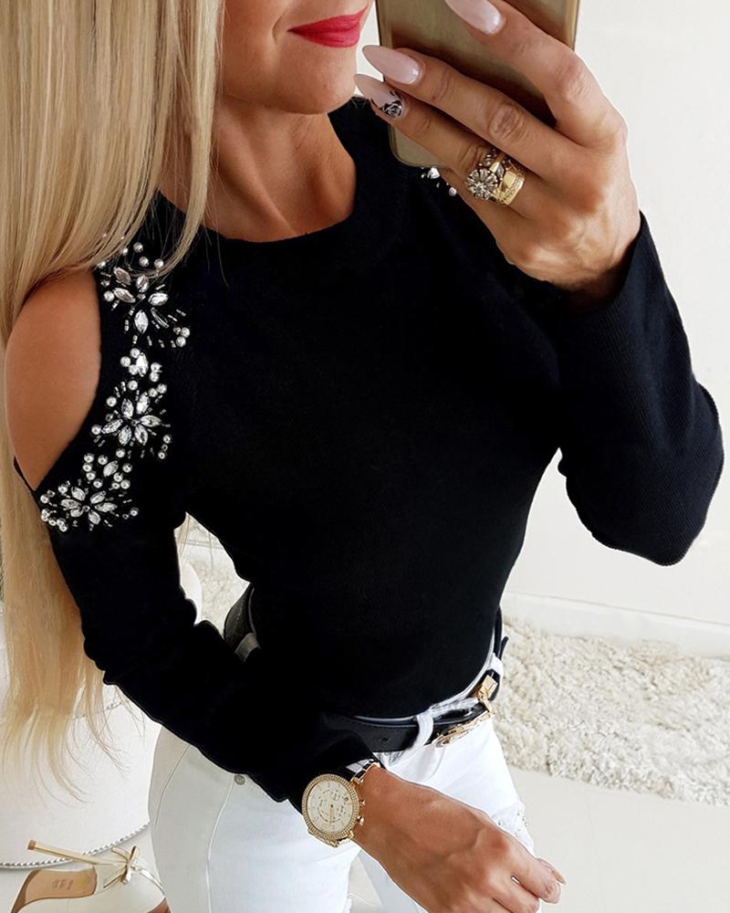 

Cold Shoulder Rhinestone Decor Long Sleeve Top, Black