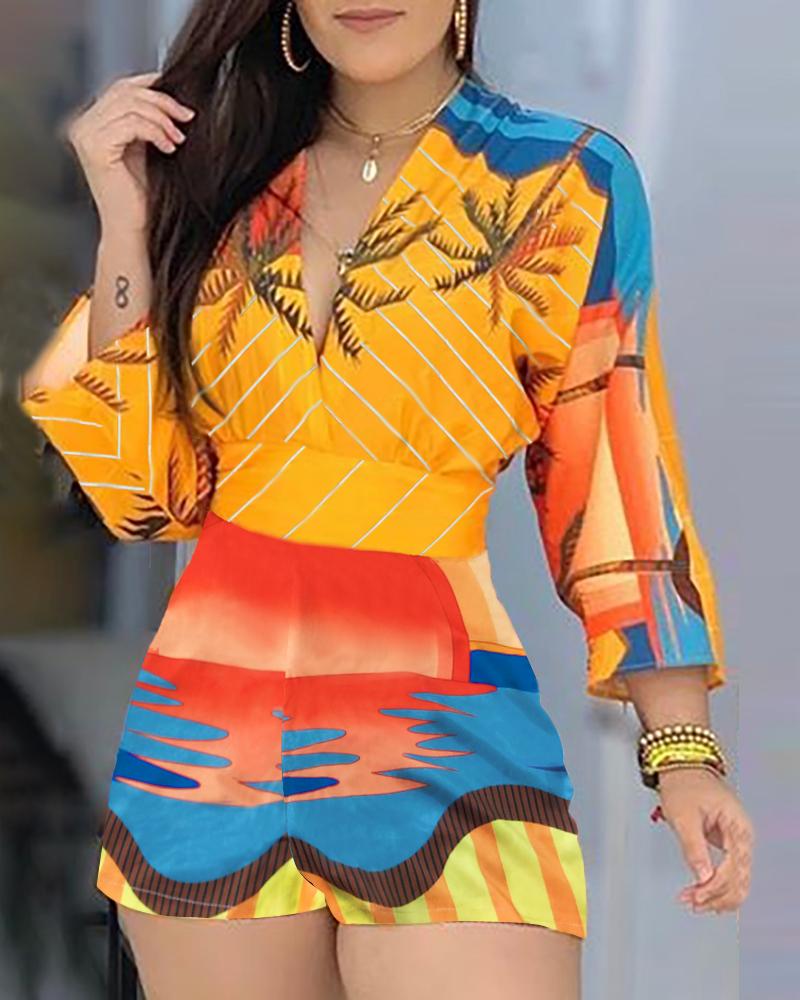 

Long Sleeve Palm Print Romper, Orange