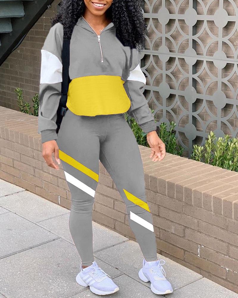 

Colorblock Zipper Detail Casual Top & Pants Set, Gray