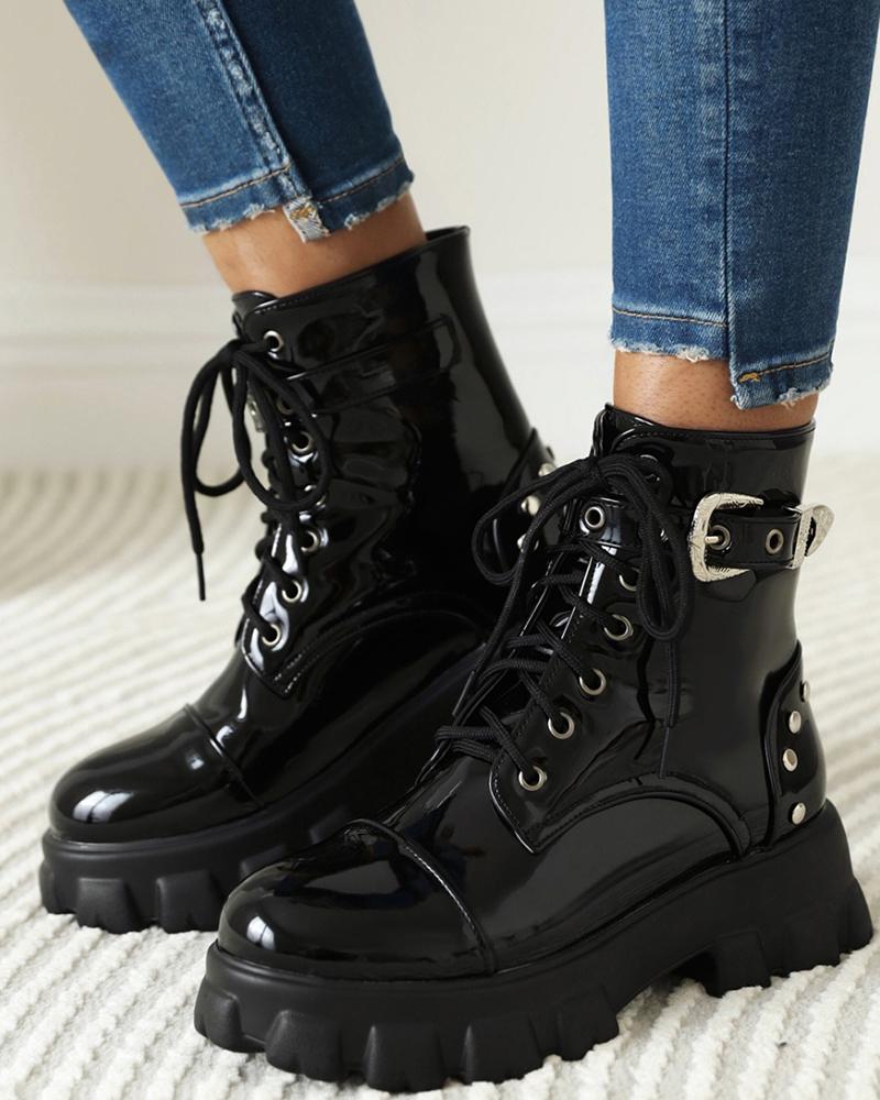 

Round Toe Strappy PU leather Platform, Black