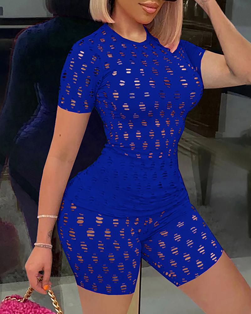 

Hollow Out Short Sleeve Top & Shorts Set, Dark blue