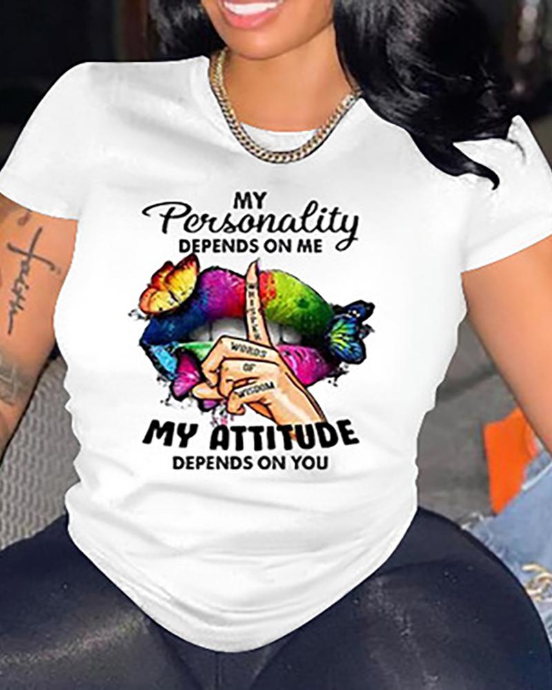 

Plus Size Butterfly Slogan Print Short Sleeve Top, White