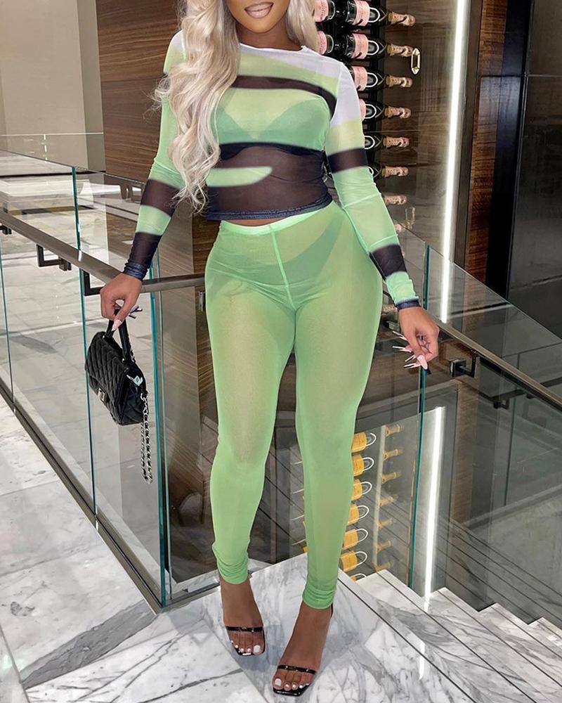 

Colorblock Sheer Mesh Top & High Waist Pants Set, Green
