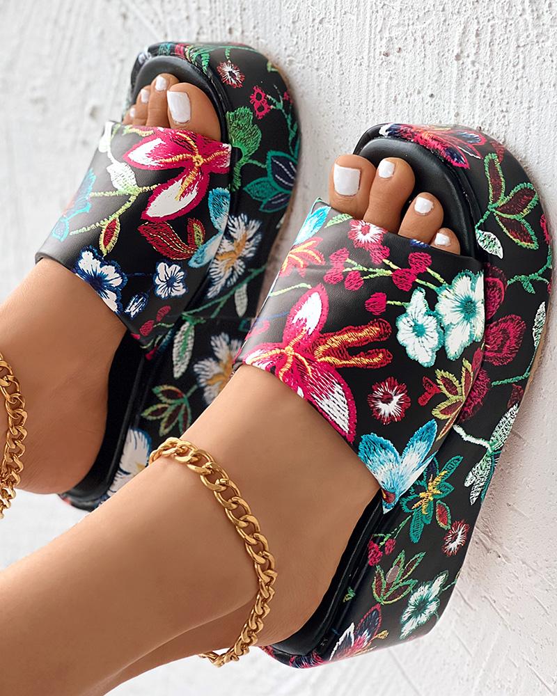 

Floral Embroidery Wide Strap Wedge Slippers, Black