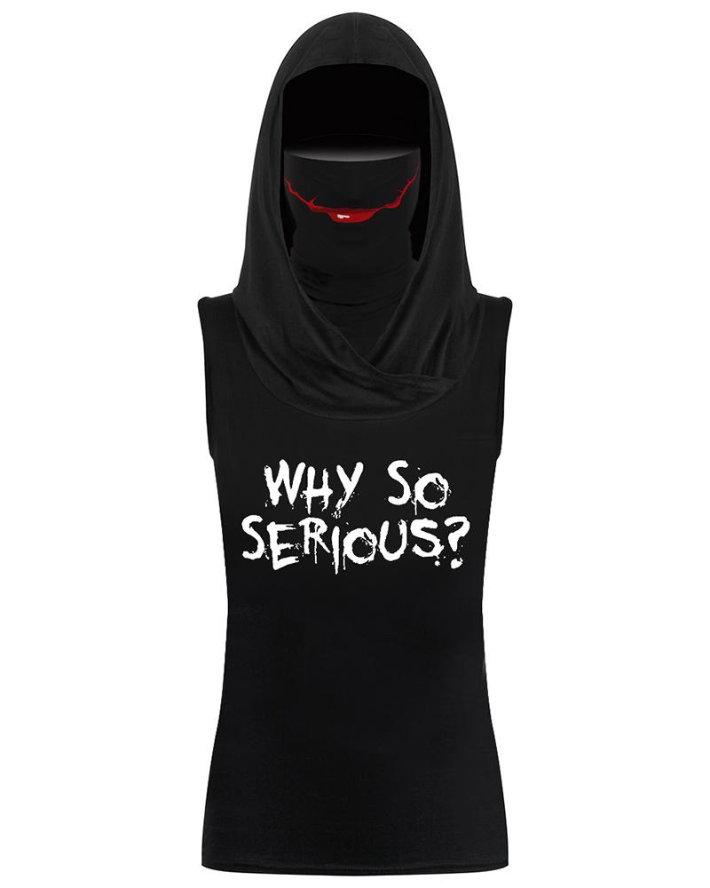 

Letter Print Hooded Tank Top With Ear Loop Bandana, Black