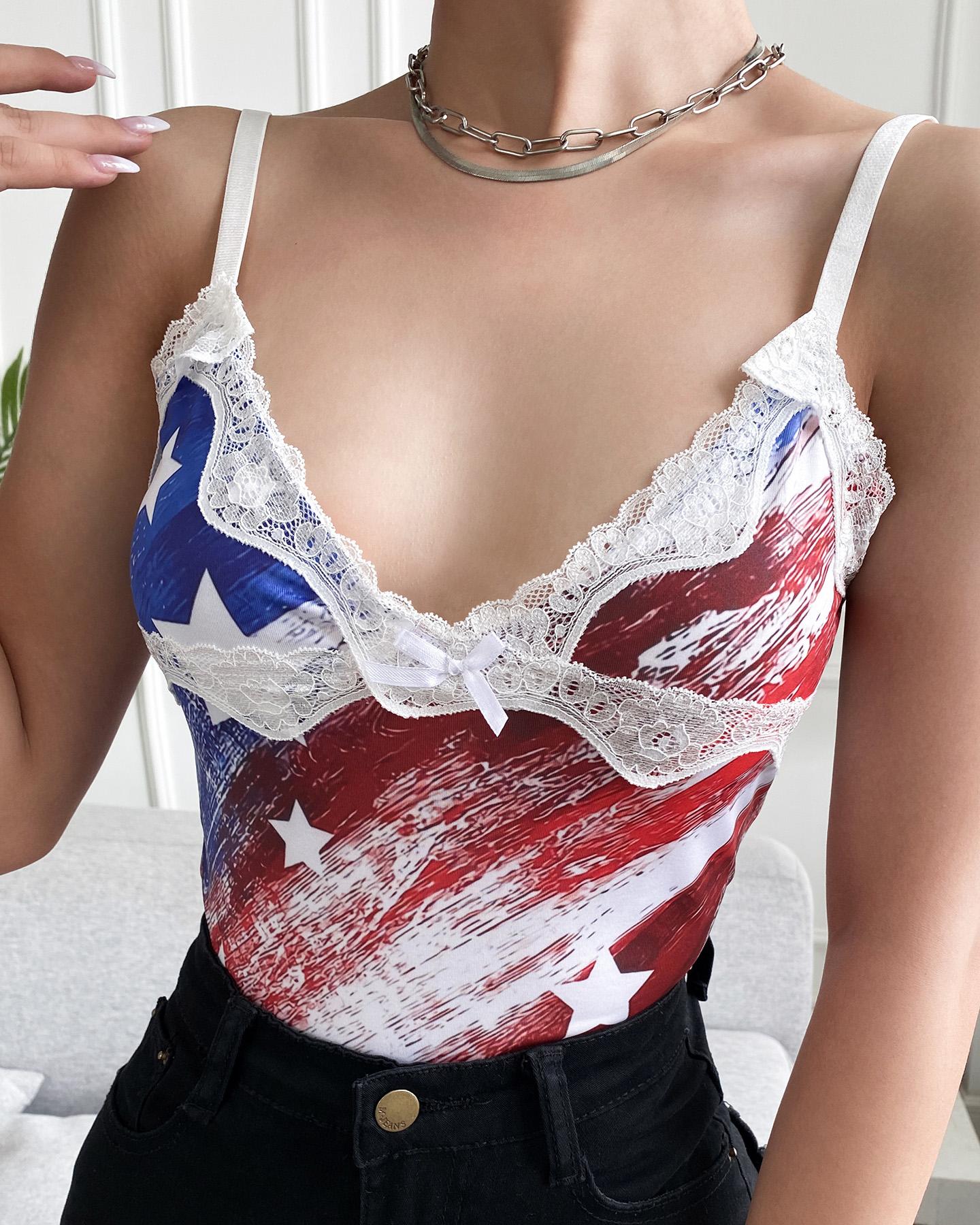 

Independence Day Flag Pattern Lace Trim Top, Style1