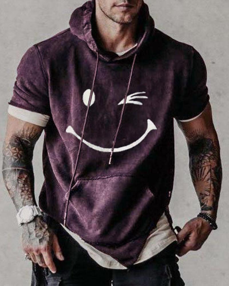 

Face Print Short Sleeve Loose Hooded Sweatshirts, Purple