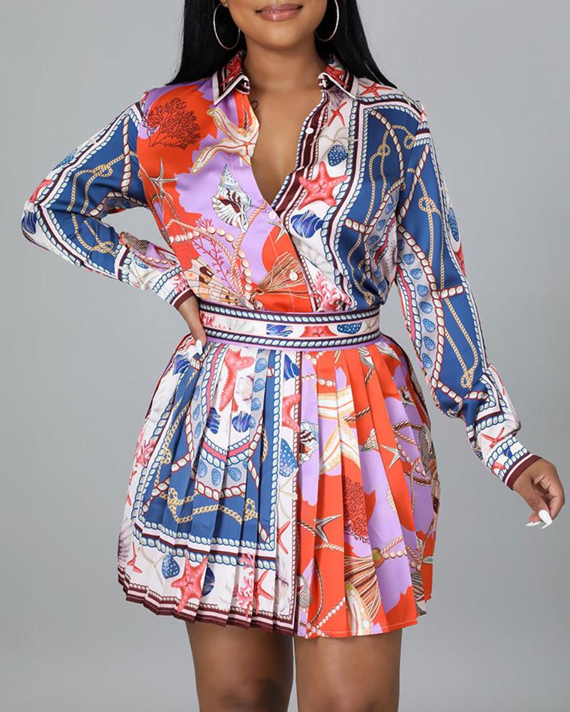 

Baroque Graphic Print Long Sleeve Shirt & Pleated Skirt Set, Red