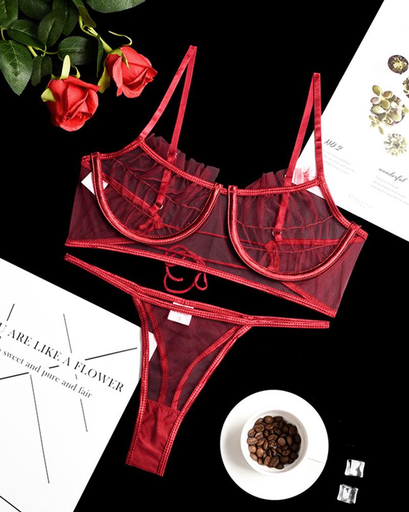

Sexy See-through Mesh Backless Sling Bra Sets, Wine red