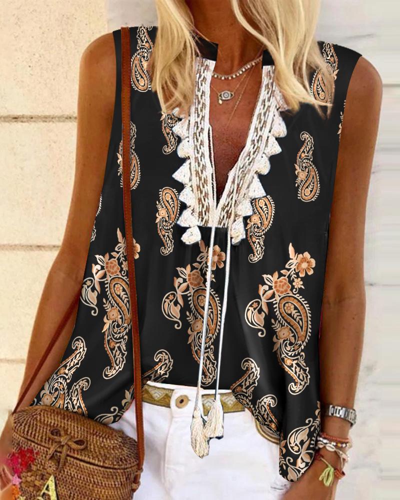 

Paisley Print Tassel Decor Flowy Tank Top, Black