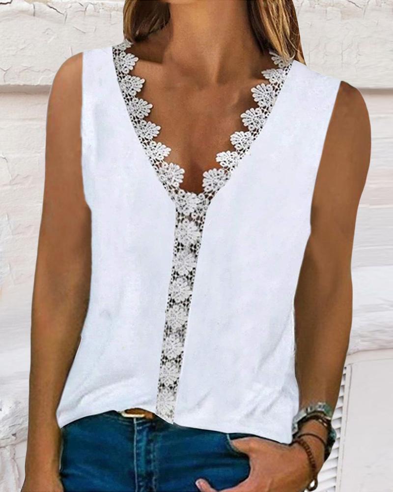 

Contrast Lace Casual Tank Top, White
