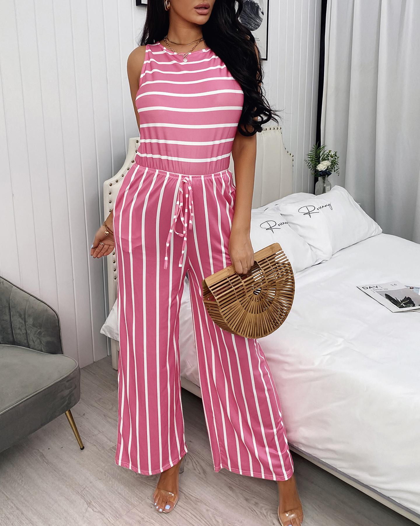 

Striped Print Sleeveless Wide Leg Jumpsuit, Pink