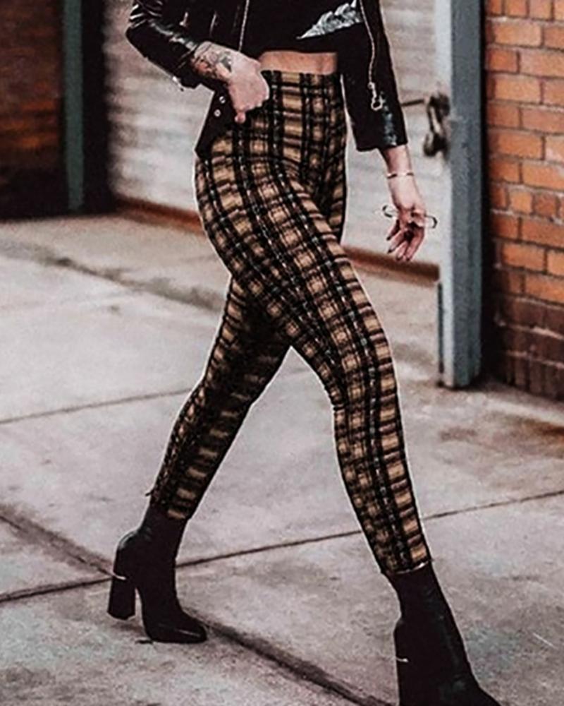 

High Waist Plaid Print Skinny Pants, Brown