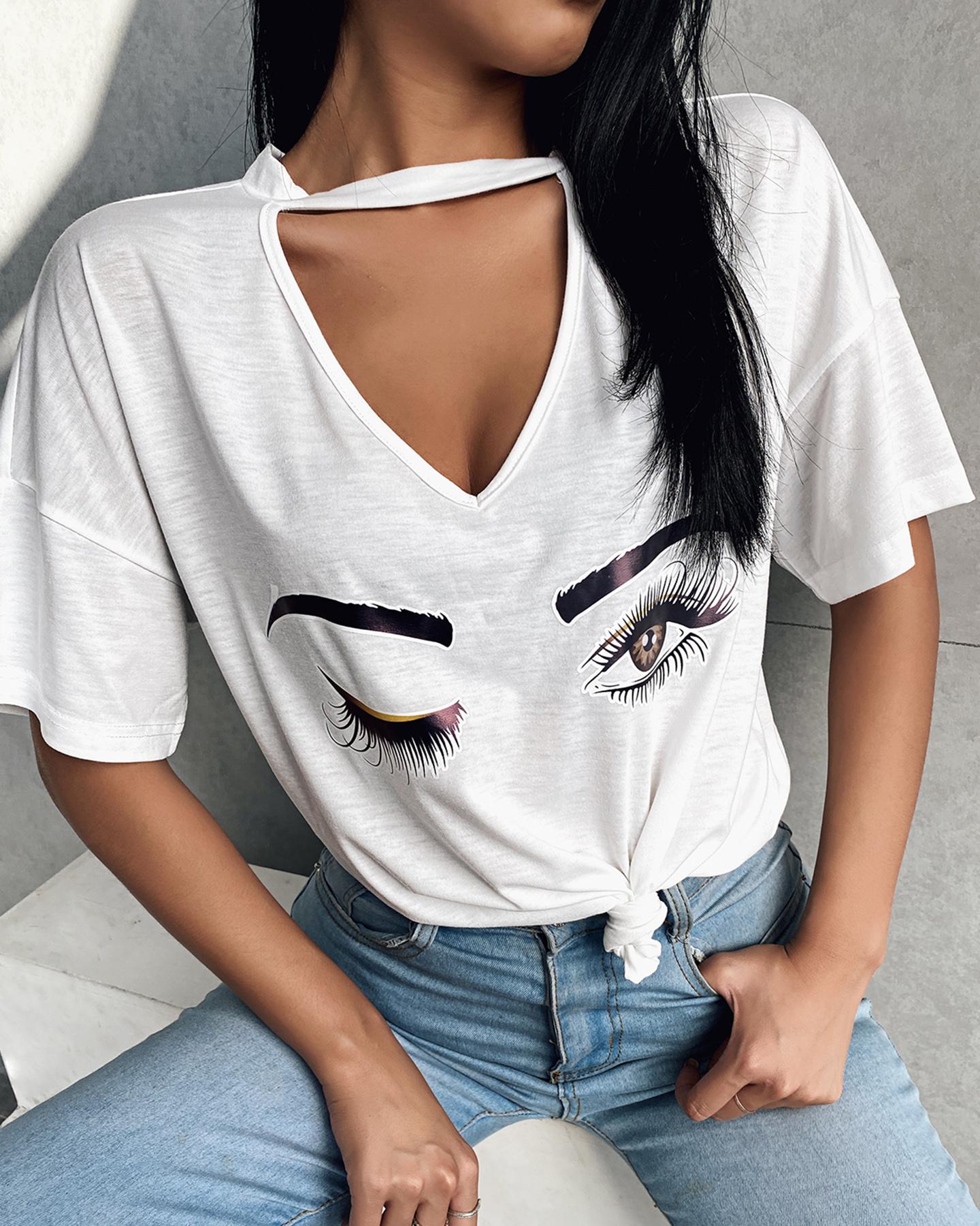 

Eyes Print Cutout Front Casual T-shirt, White