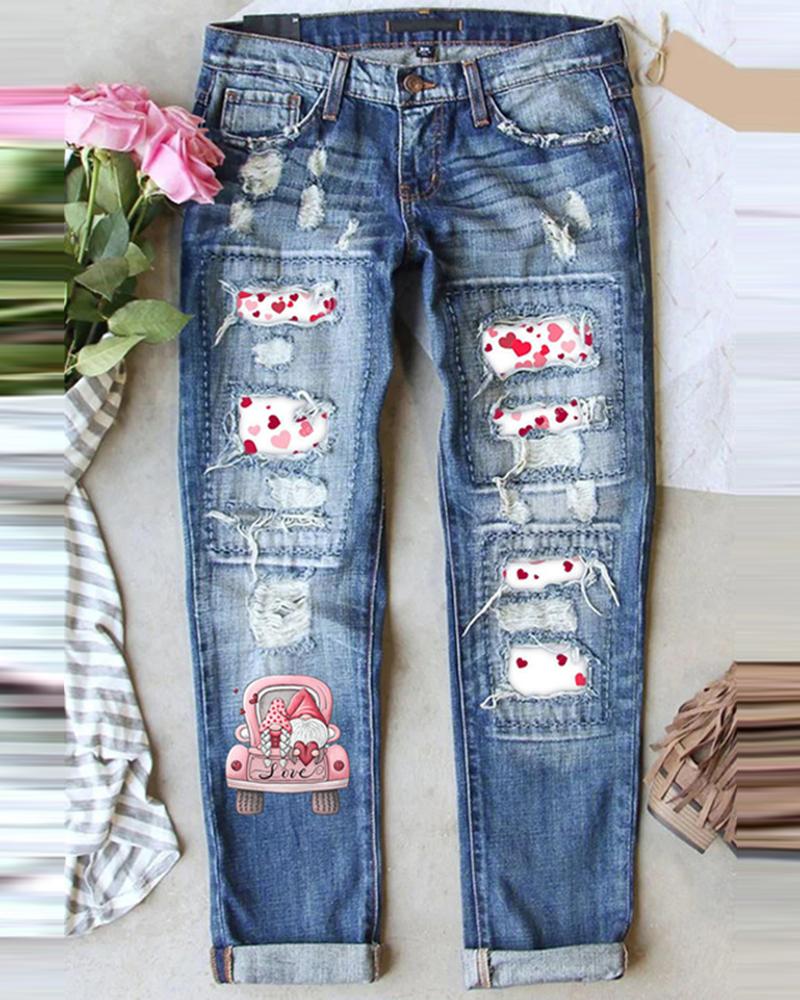 

Valentine' Day Contrast Heart Car Print Ripped Jeans, Blue