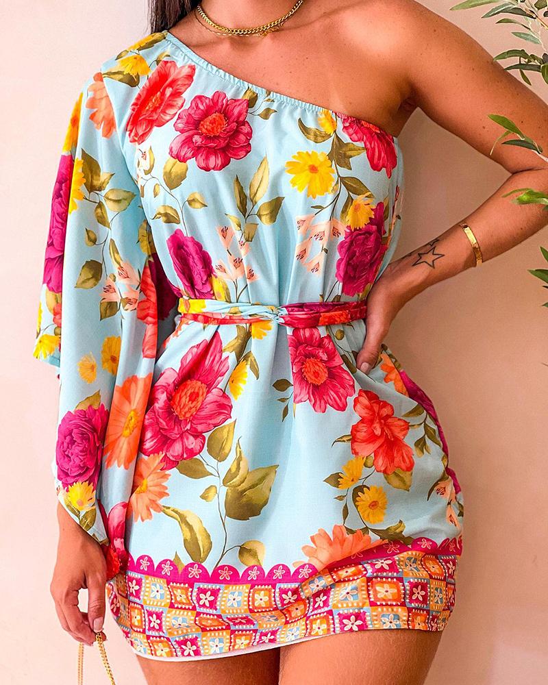 

Tropical Print One Shoulder Bodycon Dress, Lighted blue