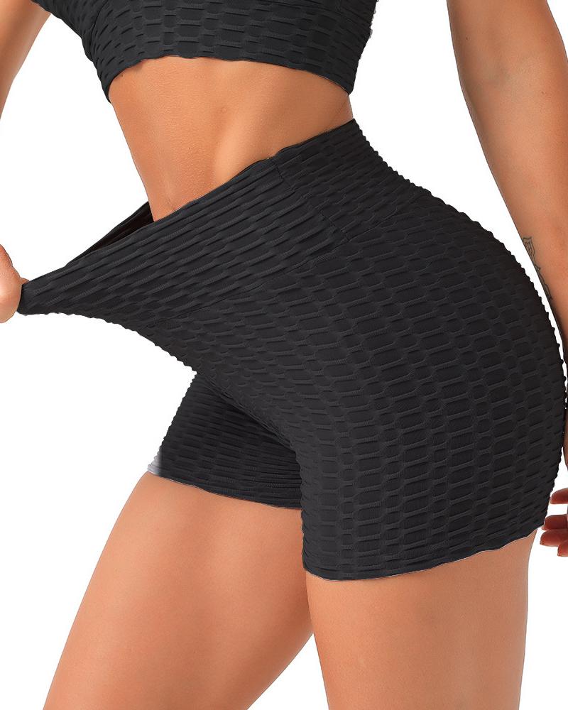

High Waist Scrunch Butt Lift Textured Active Shorts, Black
