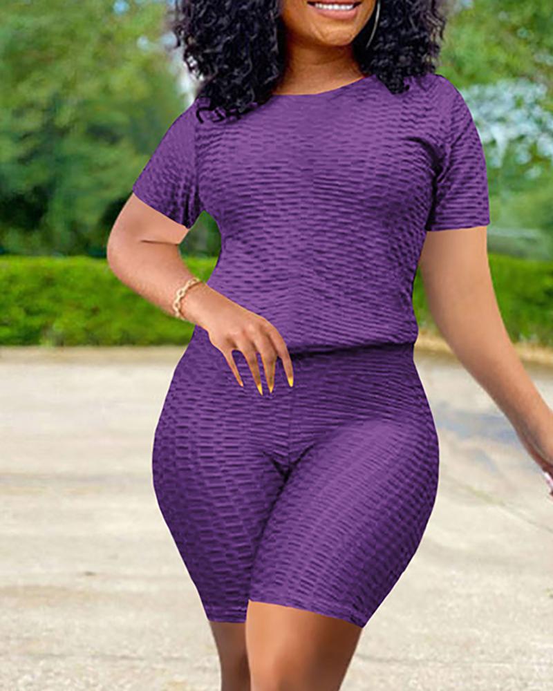 

Bubble Textured Short Sleeve Butt Lifting Active Sets, Purple