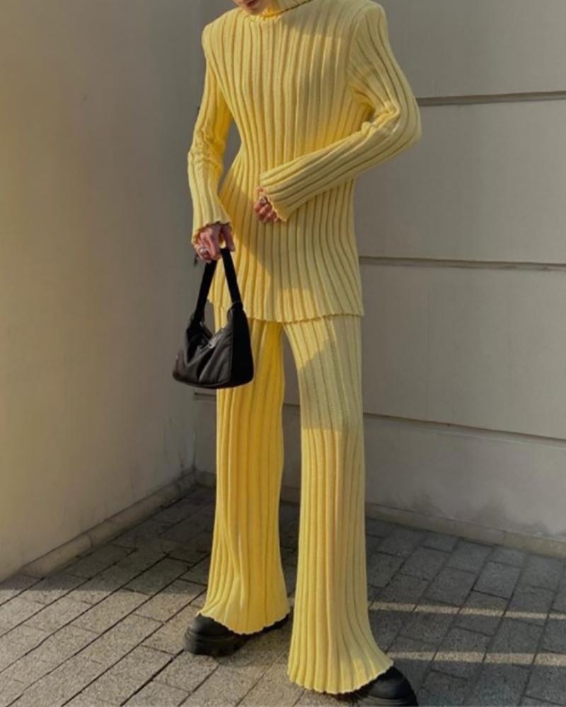 

High Neck Frill Hem Ribbed Sweater & Pants Set, Yellow
