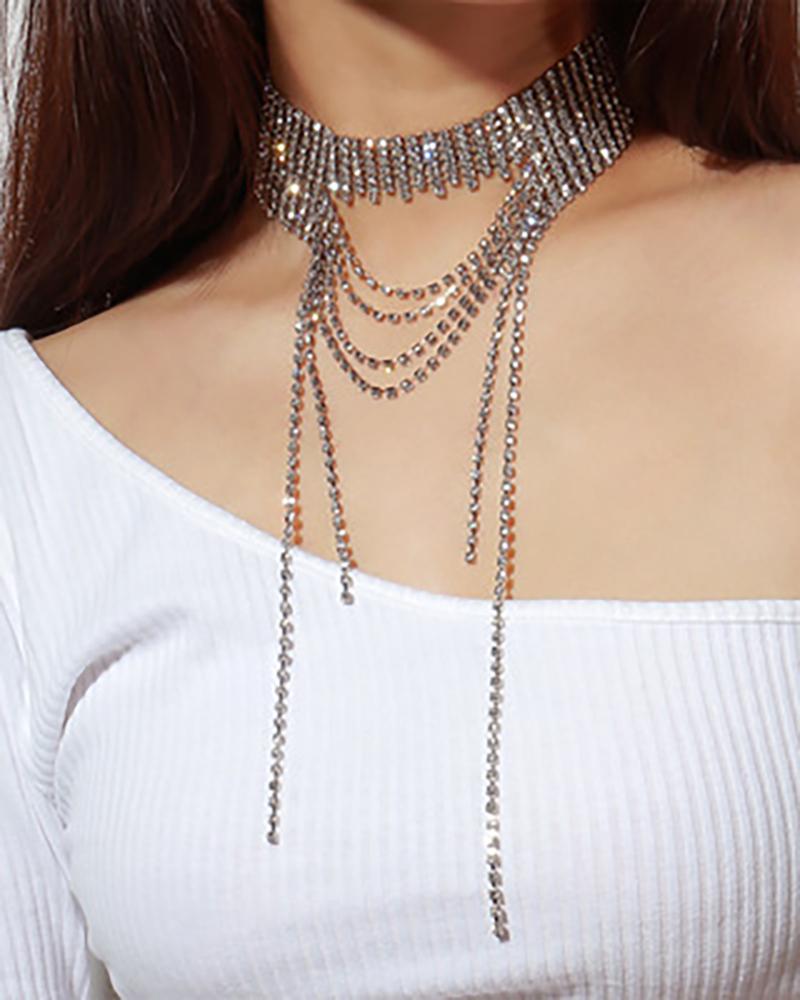 

Asymmetrical Rhinestone Tassel Design Choker Necklace, Silver