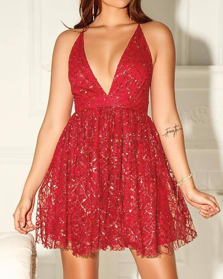 

Deep V Shiny Sequin Pleated Party Dress, Red