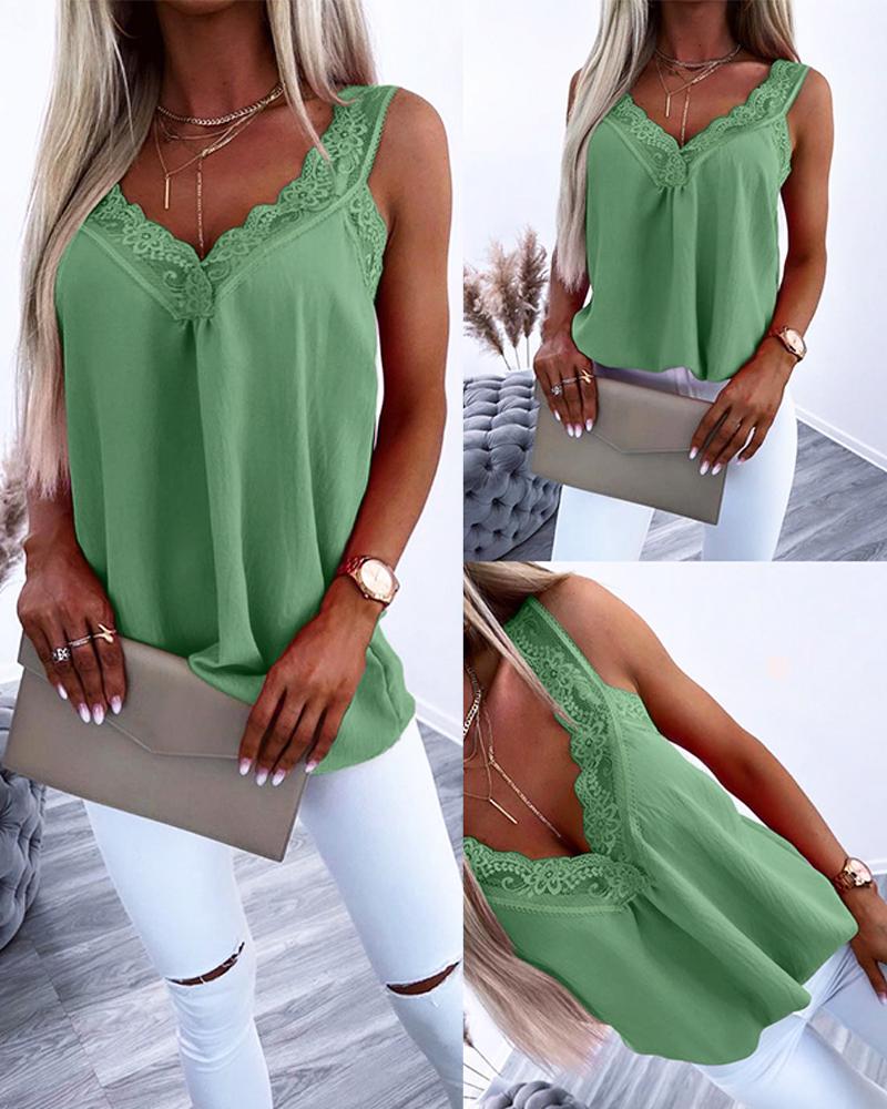 

V-Neck Contrast Lace Tank Top, Green