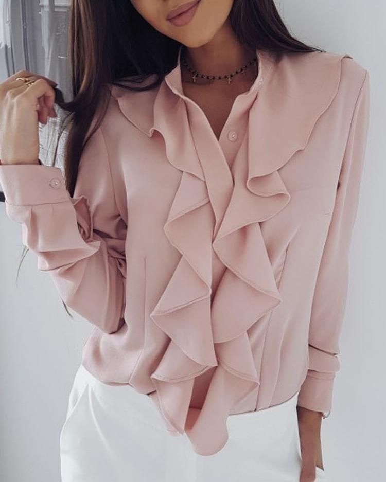 

Solid Ruffles Design Long Sleeve Casual Blouse, Pink