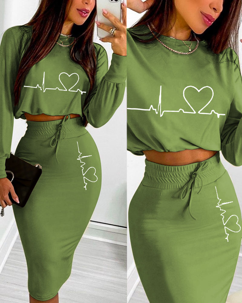 

Heart Print Crop Top & Drawstring Skirt Set, Green