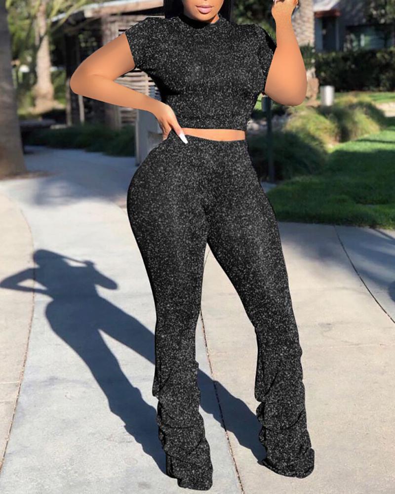 

Glitter Short Sleeve Top & Pants Set, Black