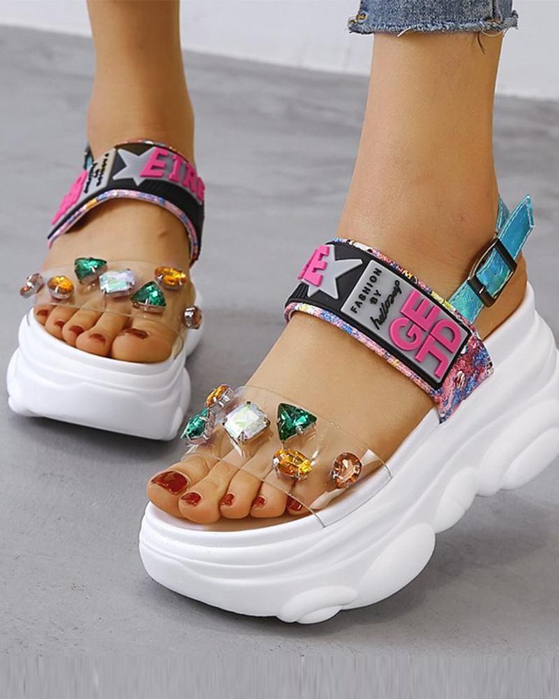 

Round-toe Double-belts Splicing Multicolor Rhinestone Platform Slippers, White