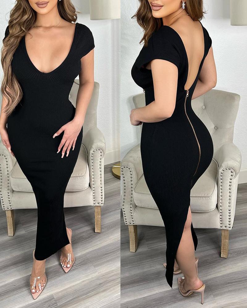 

Deep V-Neck Backless Ribbed Bodycon Dress, Black