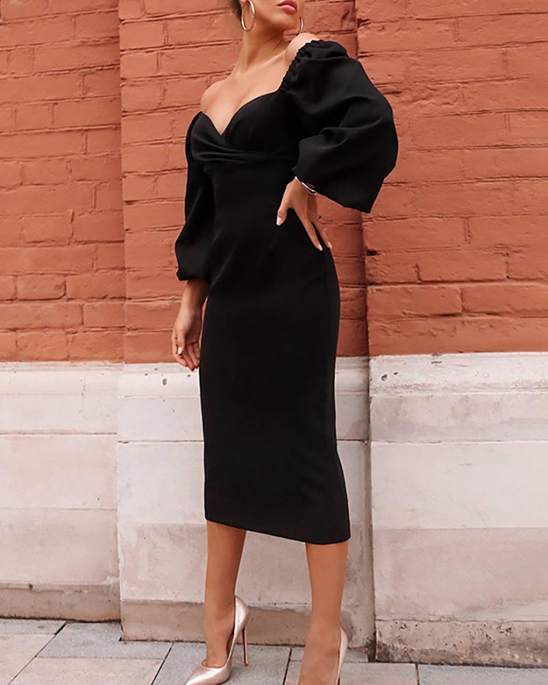 

Ruched Puff Lantern Sleeve Party Dress, Black