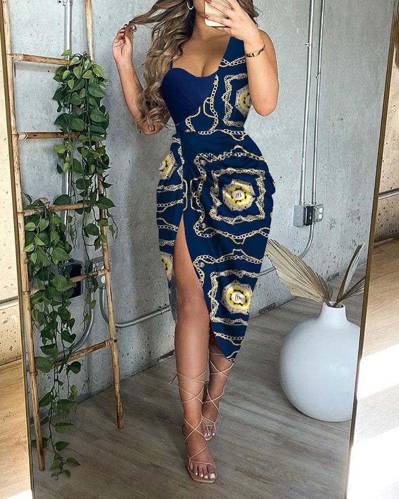 

Scarf Chain Print Ruched High Slit Dress, Blue